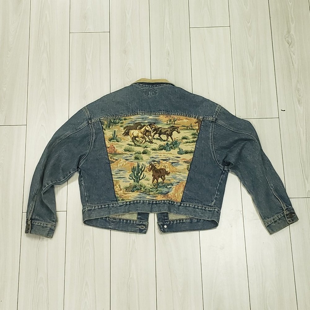 Guess Denim Jacket with Suede Collar & Embroidered